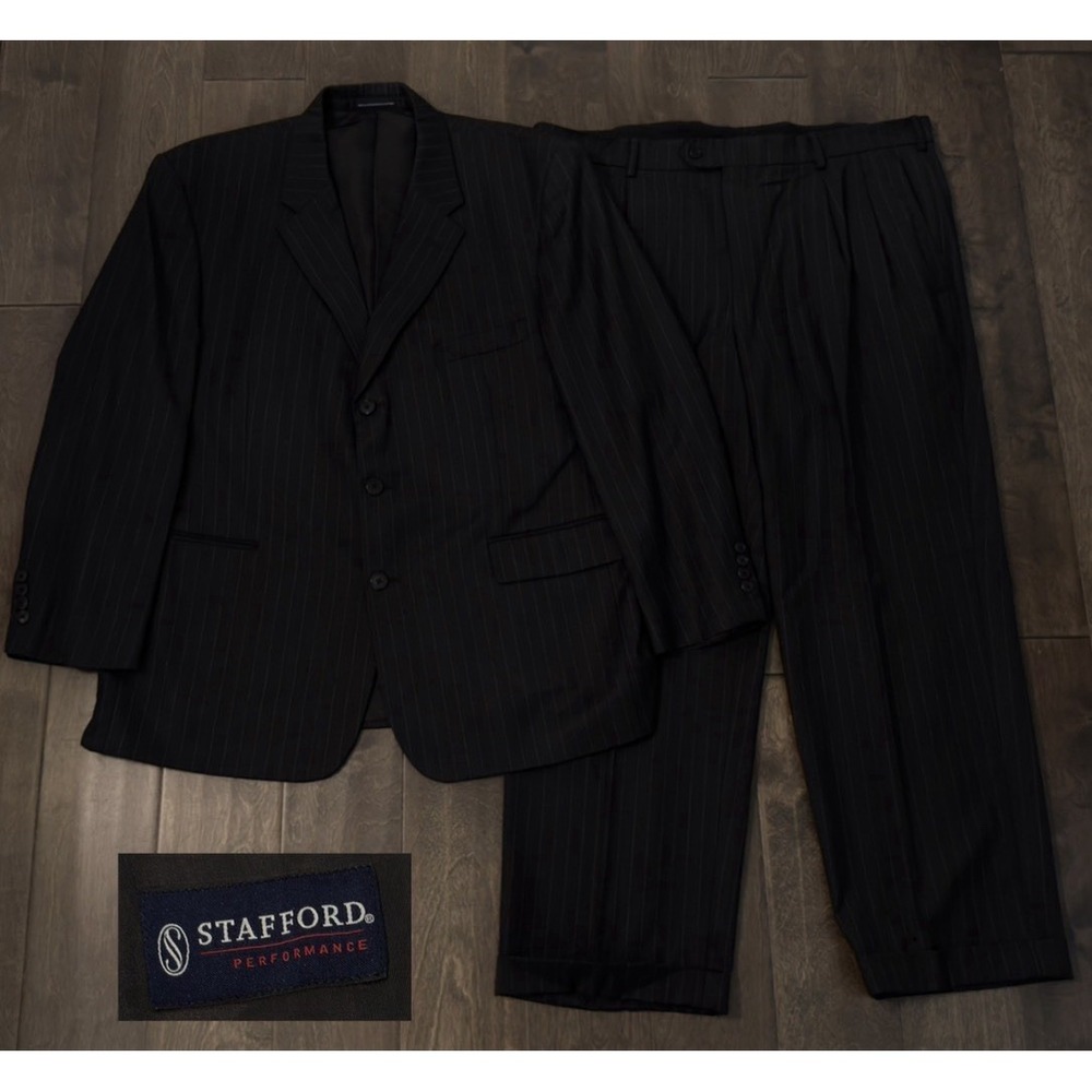 Stafford Performance Mens Wool Grey Pinstripe 2PC Suit Jacket 46S Pants 40X29